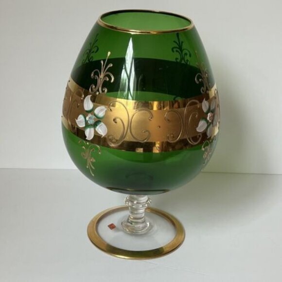 Vtg Empoli Green Glass Gilded Hand Painted Pedestal Vase Brandy Snifter MCM 11" - Picture 2 of 10